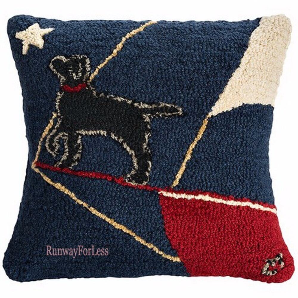 New 16" CHANDLER 4 CORNERS Hand-Hooked Dog Ship Star Night Nautical Wool Pillow